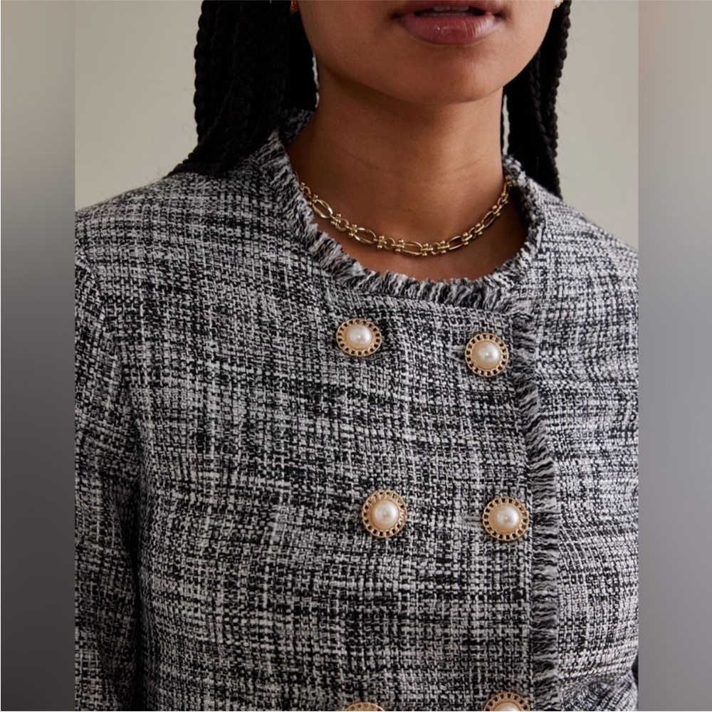 Maeve Anthropologie black white tweed jacket pearl button 2 - Picture 4 of 10